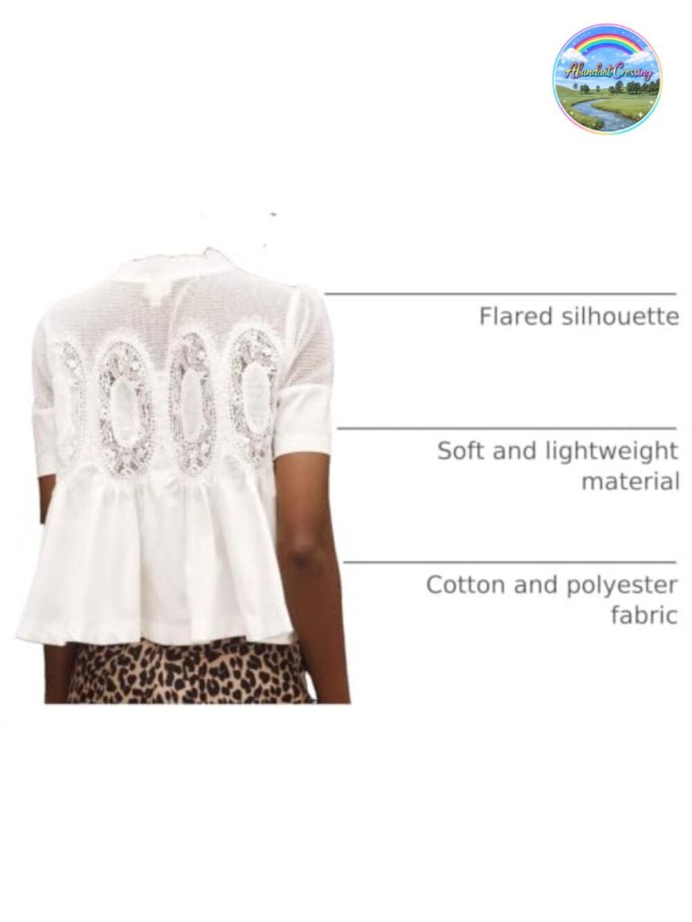 Women Lace Detail Flared Blouse Short Sleeve Crew Neck Poplin Mesh Swing Top - Picture 3 of 6